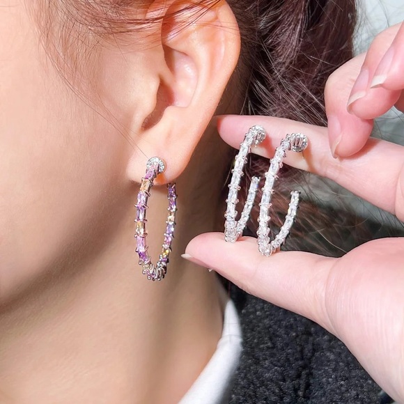 Anthropologie - Emerald Cut Hoops Double Inlay Eternity Earrings - Picture 8 of 16